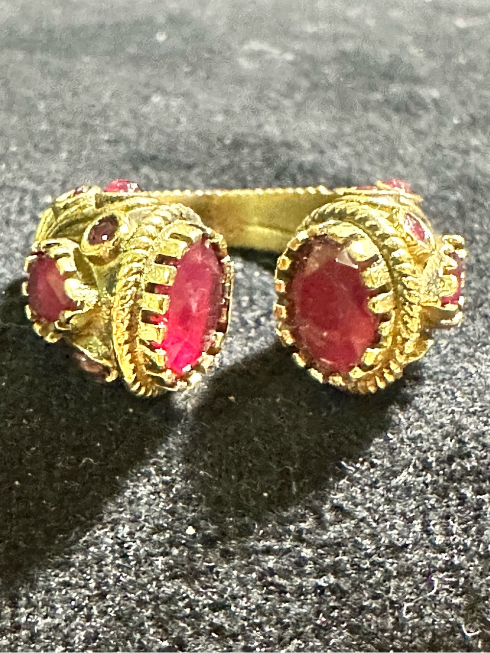 Vtg: Brass & Molded Pinkish Red Glass Byzantine Unisex Ring